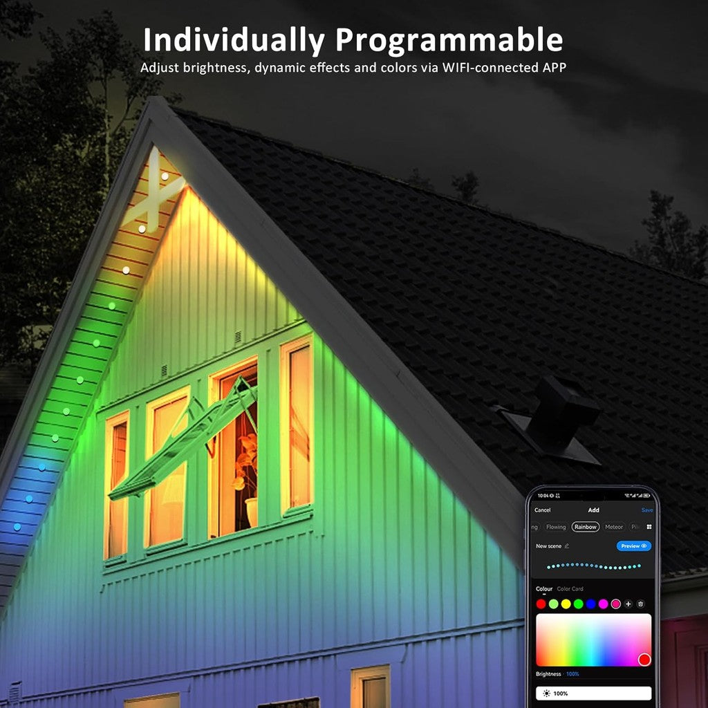 Permanent Outdoor Lights, Smart RainbowColor RGB IC Light,  Eaves Lights IP65 Waterproof for Holidays, Christmas, Daily Lighting, WiFi APP Voice Control